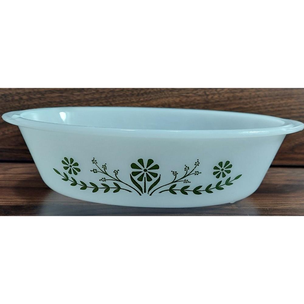 Vintage Glassbake Oval Green And White Flower Baking Dish 235527 FLAWS